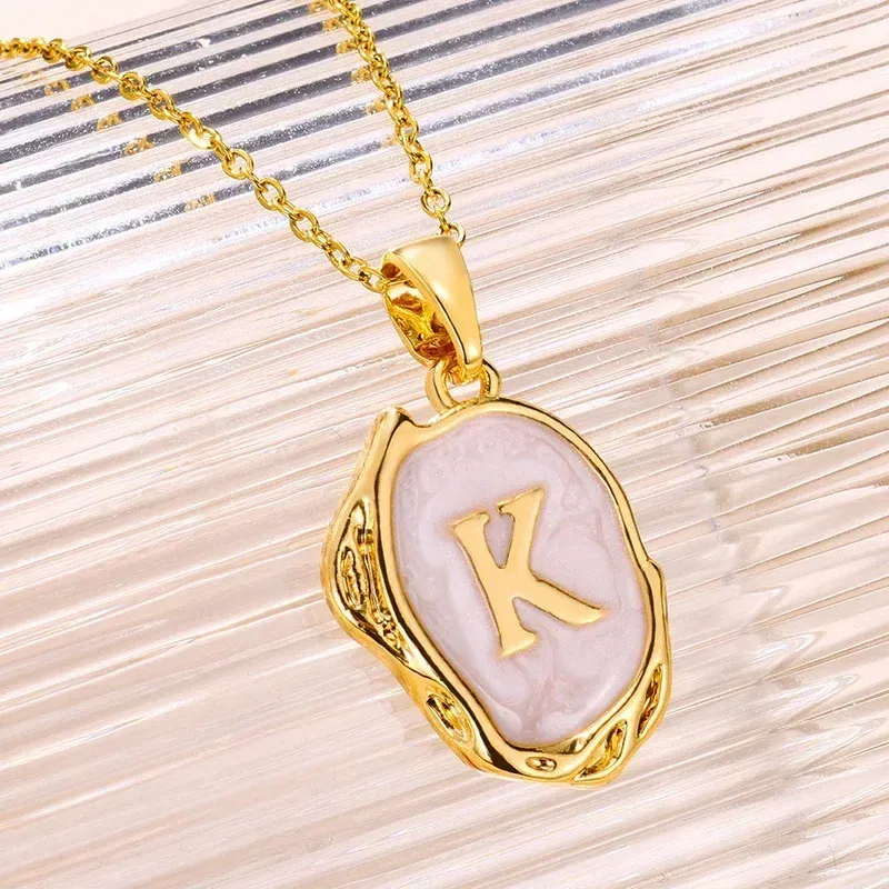 Metal Color: Platinum Plated, Length: 40cm - Y2K Stainless Steels Drip Oil 26 Letter Necklaces for Women Men Alphabet A-Z Initials Pendant Necklace Aesthetic Jewelry Gift