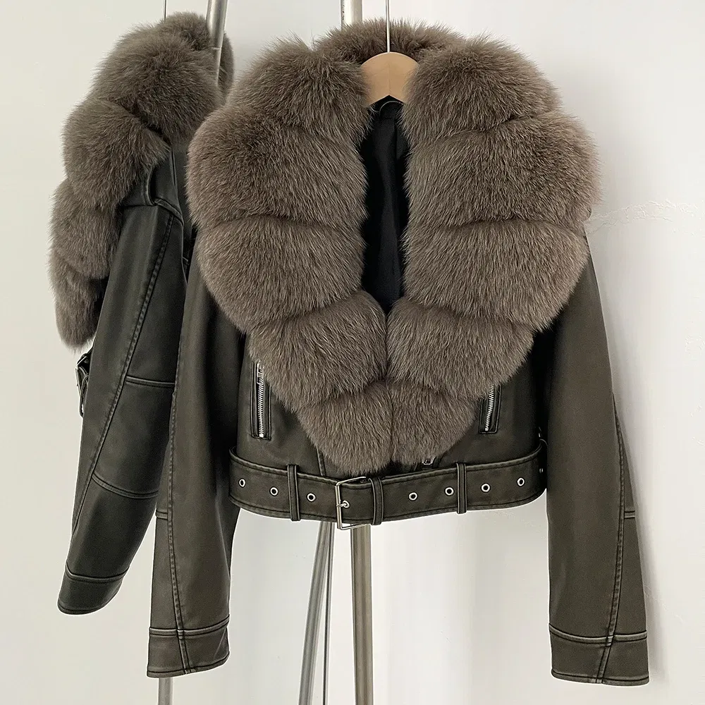 Color: Mint, Size: XS - Fake Leather Coat New Natural Fox Fur Autumn Short Faux Leather Jacket Female Spring PU Women Long Sleeve Real Fur Coat Thin
