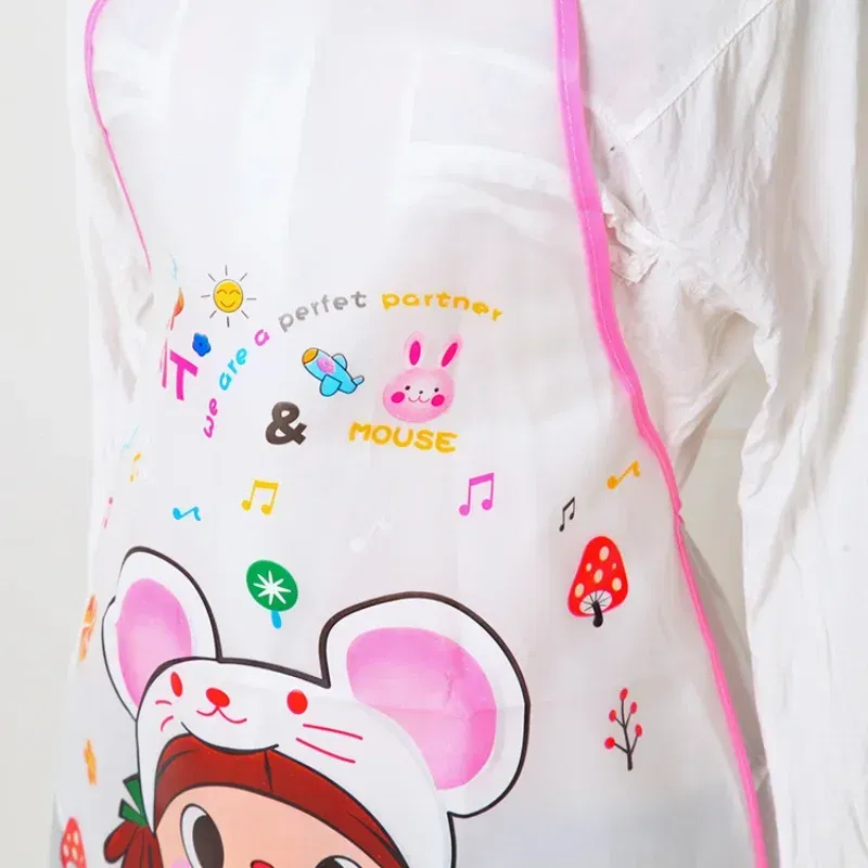 Color: Light Grey - 70x50cm Cute Kitchen Household Adult Antifouling Apron Sleeveless Waterproof PVC Cartoon Printed Women Aprons Cleaning Accessory