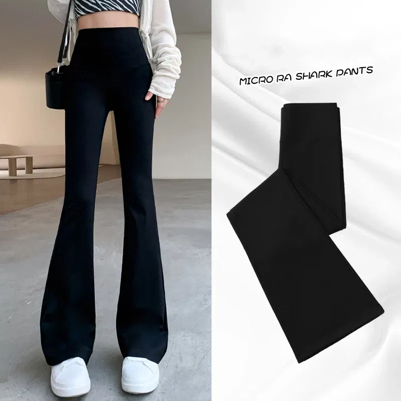 Color: Gold, Size: XL - Women Flare Pants Slim High Waist Solid Sexy Shark Flare Pants Fashion Casual Streetwear Elastic Butt Lift Skinny Leggings