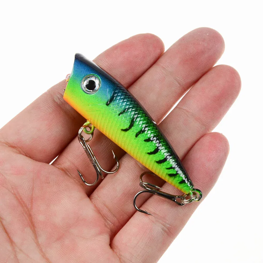 Color: Light Yellow - 1pc Popper Fishing Lure 6cm/6.5g Hard Bait Artificial Topwater Bass Trout Pike Wobbler Fishing Tackle with 2 Treble Hooks