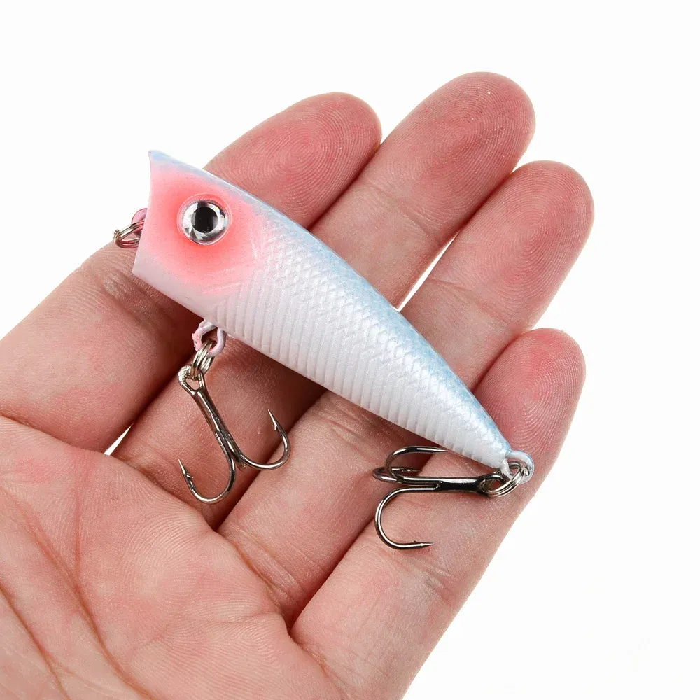 Color: Light Yellow - 1pc Popper Fishing Lure 6cm/6.5g Hard Bait Artificial Topwater Bass Trout Pike Wobbler Fishing Tackle with 2 Treble Hooks