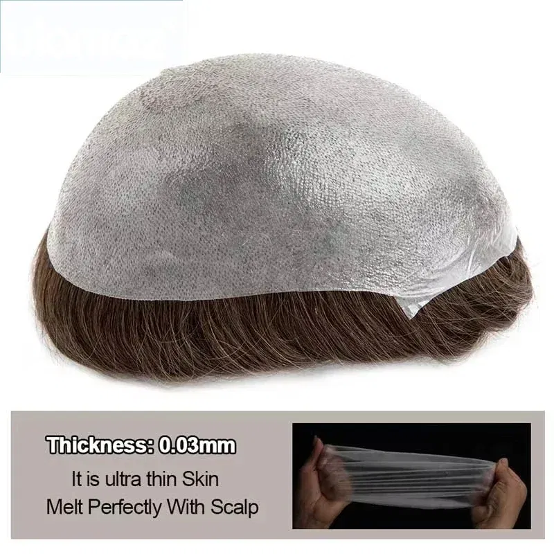 0.03 Ultra Thin Skin Toupee Undetectable Men's Capillary Prosthesis Realistic Wig Man Human Hair Microskin Hair System For Men