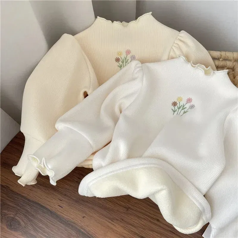 Color: Beige, Kid Size: 11 - Baby Girls Top Winter Kids Warm Thickening Sweater Children Puff Sleeve Flower Embroidery Bottom Shirt 1-6 Years Casual Clothing