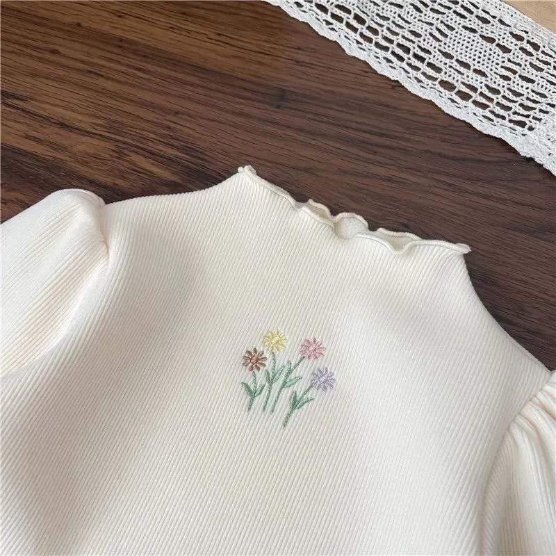 Color: Beige, Kid Size: 11 - Baby Girls Top Winter Kids Warm Thickening Sweater Children Puff Sleeve Flower Embroidery Bottom Shirt 1-6 Years Casual Clothing