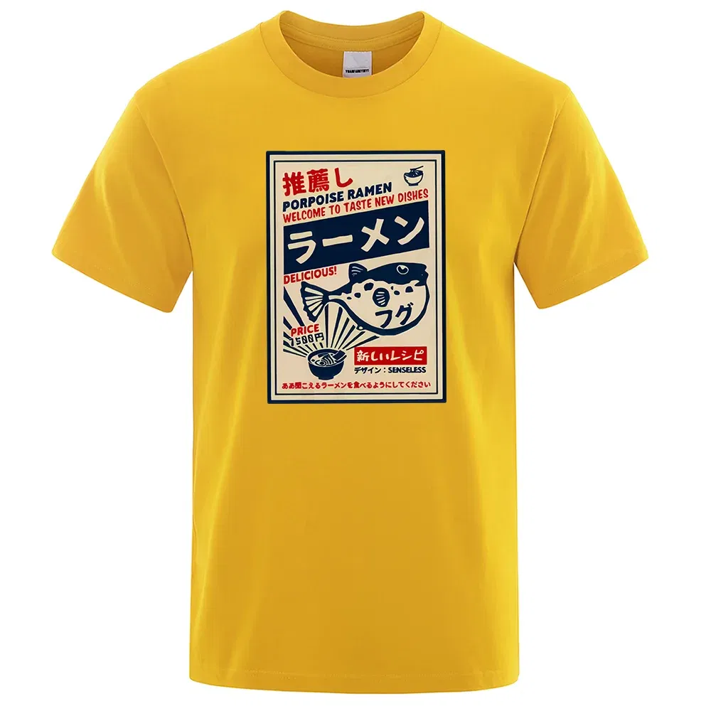 Color: GRAY, Size: L - Puffer Fish Ramen Japanese Menu Poster Tshirt Men Funny Fashion Tee Clothes Comfortable Oversize T Shirt Casual Cotton T-Shirts
