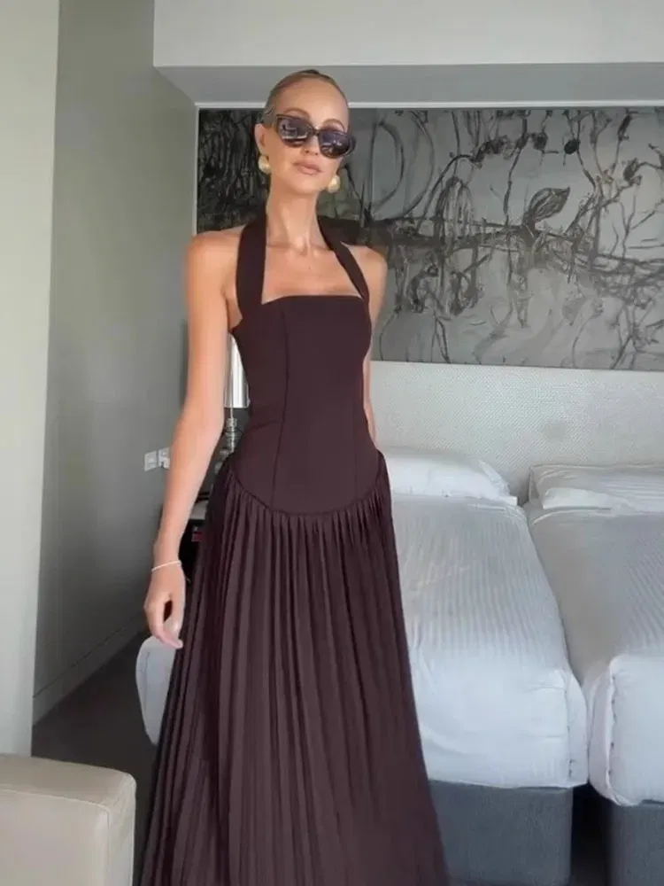 Color: WHITE, Size: S, Ships From: CHINA - 2025 Summer Women Off Shoulder Backless Maxi Dress Sexy Halter Neck Slim Waist Ruffle Hem Long Dress