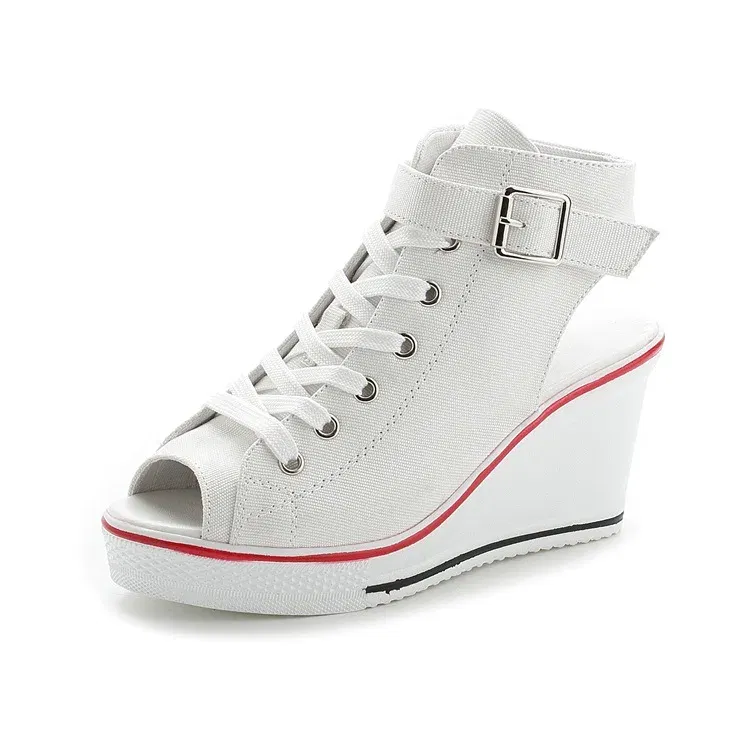 Color: WHITE, Shoe Size: 36 - Spring Summer Women's Height Increasing Platform Canvas Fish Mouth Shoes Open Toe Hollow Canvas Wedge Shoes Zapatos Para Mujer