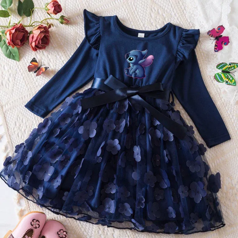 Color: Light  Blue, Size: One Size, Height: 164 - Lilo Stitch Girl Baby Dresses Spring Autumn Child Long Sleeve Sweet Princess Dress Mesh Newborn Casual Dress Birthday Party 2-6Y