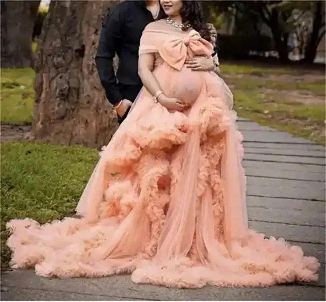 Color: Lotus Color, Maternity Size: 4, Ships From: CHINA - BIG BOW Tulle Ruffle maternity dresses photoshoot baby shower п?»?°?‚ь?µ д?»я ?±?µр?µм?µнн?‹?… فس?§تي?† ?