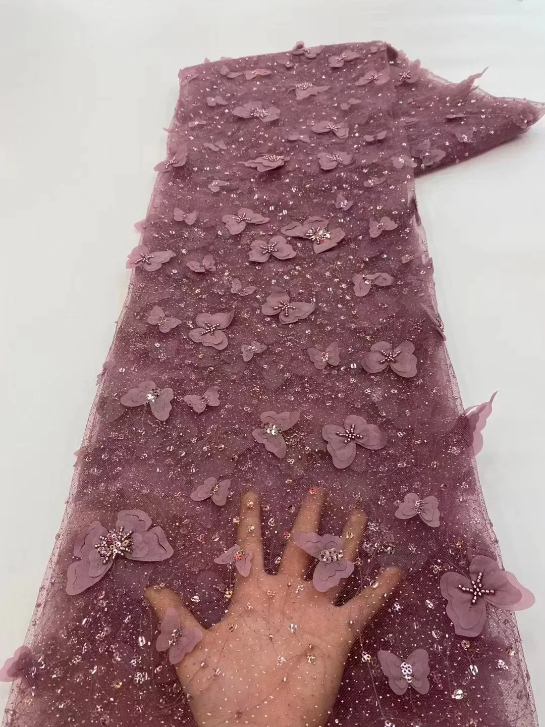 Color: WHITE, Length: 5 yards, Width: 120cm - African 3D Beaded Lace Fabric Luxury Bridal 2025 High Quality Nigerian Applique French Tulle Fabric For Wedding Sewing