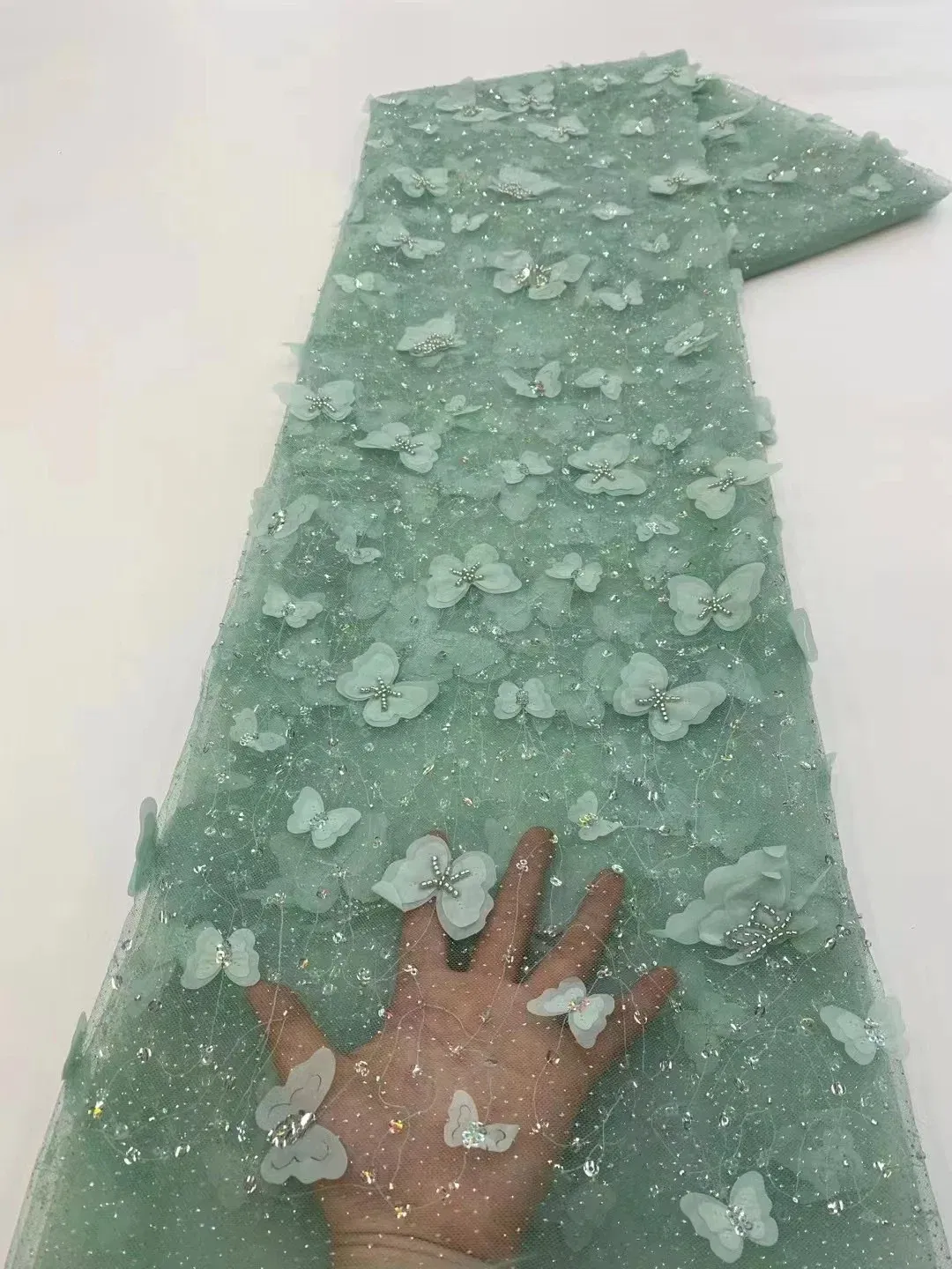 Color: WHITE, Length: 5 yards, Width: 120cm - African 3D Beaded Lace Fabric Luxury Bridal 2025 High Quality Nigerian Applique French Tulle Fabric For Wedding Sewing