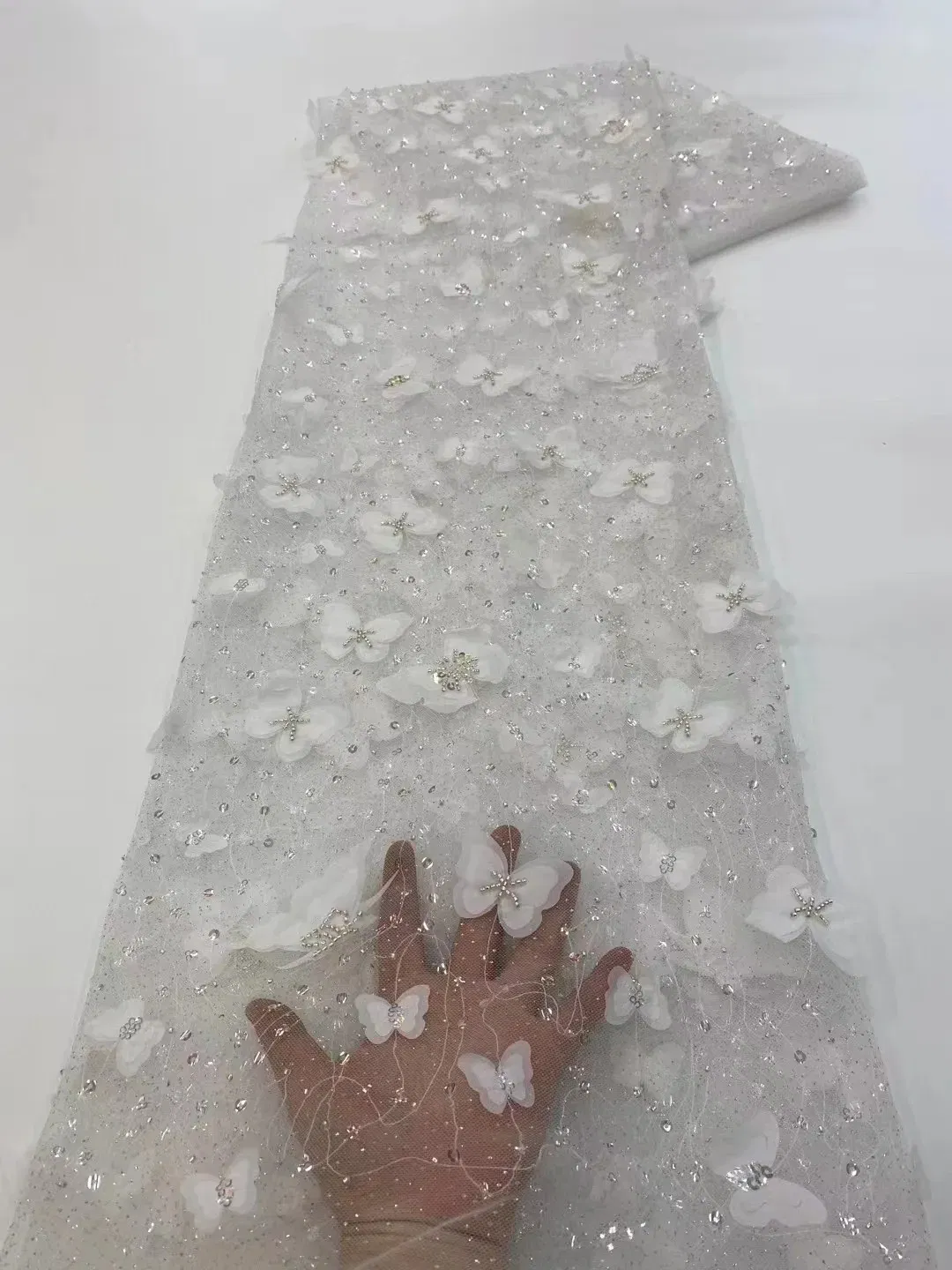 Color: WHITE, Length: 5 yards, Width: 120cm - African 3D Beaded Lace Fabric Luxury Bridal 2025 High Quality Nigerian Applique French Tulle Fabric For Wedding Sewing