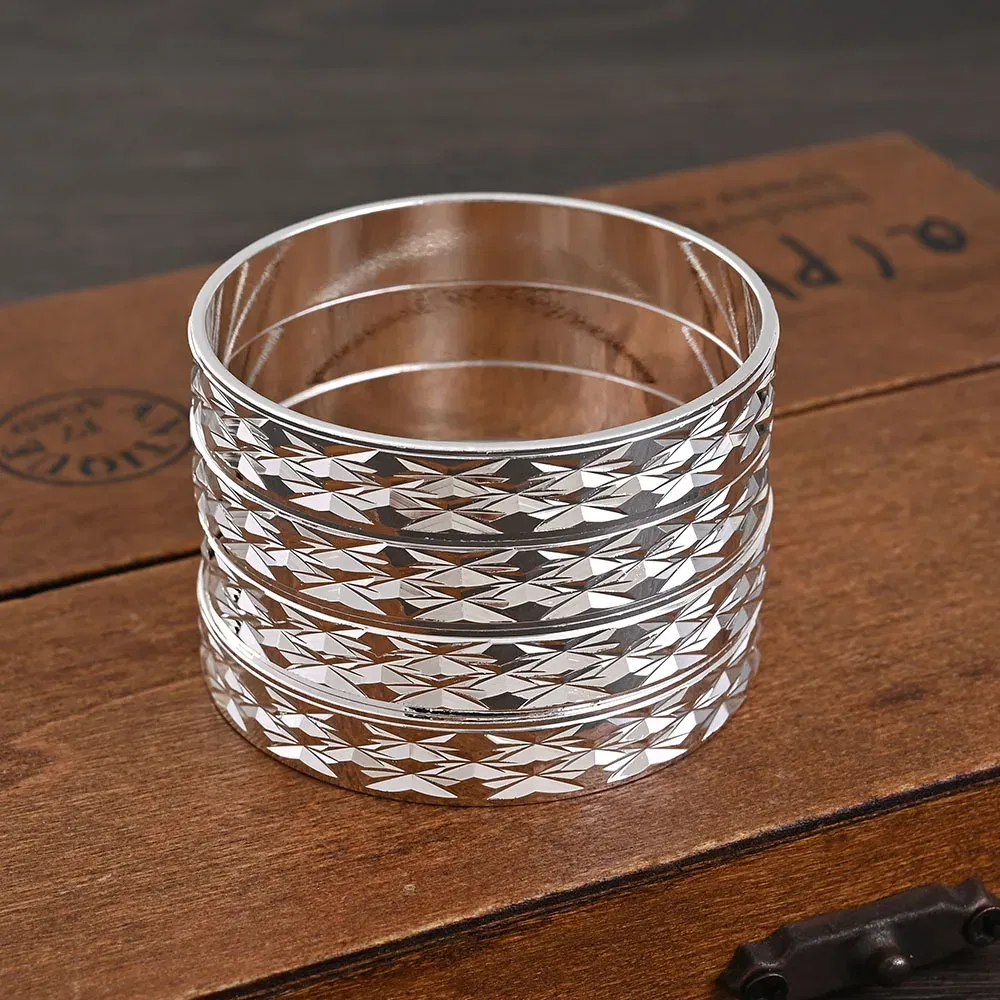 Metal Color: SILVER PLATED - 4Pcs 18k 8mm Width 45MM 55MM 65MM 70MM Dubai Baby Cute Bangles For Girl Jewelry Silve Color Bangles Girls Birthday Jewelry Gifts