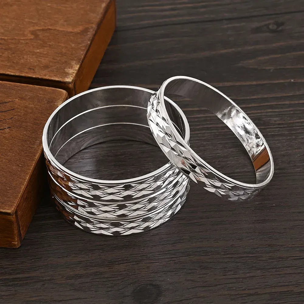 Metal Color: SILVER PLATED - 4Pcs 18k 8mm Width 45MM 55MM 65MM 70MM Dubai Baby Cute Bangles For Girl Jewelry Silve Color Bangles Girls Birthday Jewelry Gifts