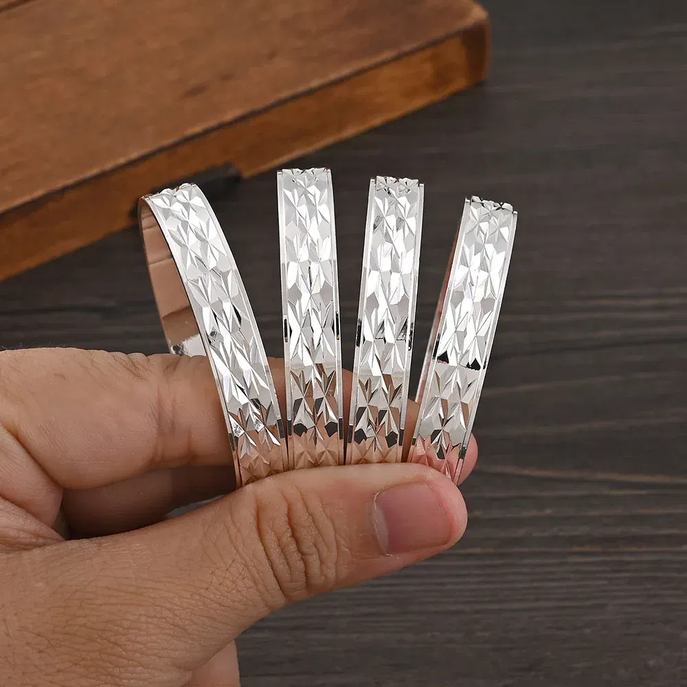 Metal Color: SILVER PLATED - 4Pcs 18k 8mm Width 45MM 55MM 65MM 70MM Dubai Baby Cute Bangles For Girl Jewelry Silve Color Bangles Girls Birthday Jewelry Gifts