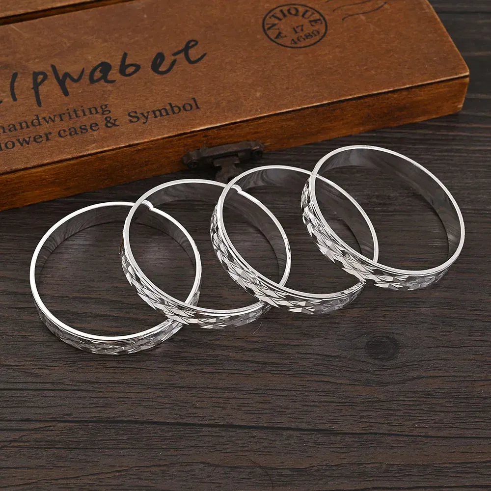 Metal Color: SILVER PLATED - 4Pcs 18k 8mm Width 45MM 55MM 65MM 70MM Dubai Baby Cute Bangles For Girl Jewelry Silve Color Bangles Girls Birthday Jewelry Gifts