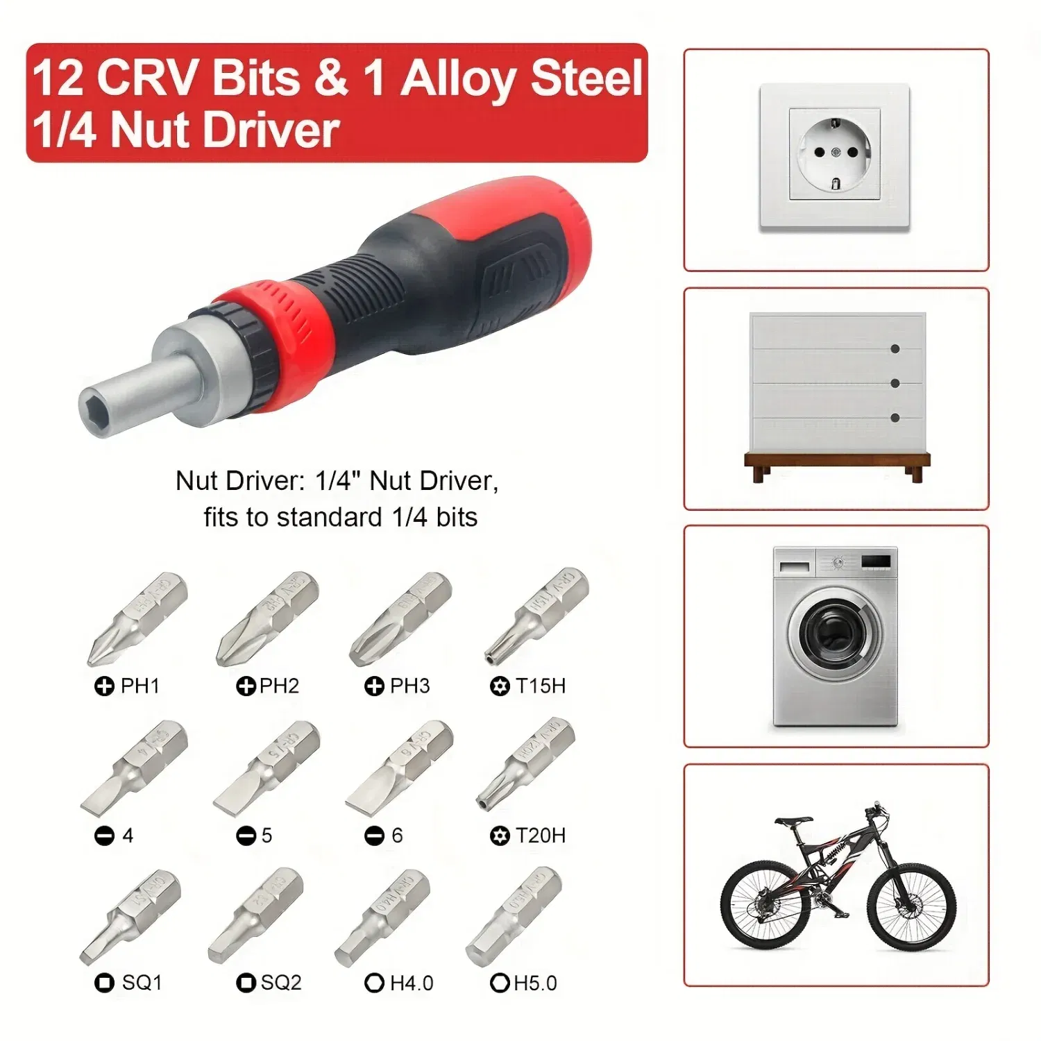 Color: Red, Ships From: CHINA - 13-in-1 Ratchet Screwdriver Set with Torx Safety, Flat Head, Phillips, Hex, Square, and 1/4" Nut Screwdrivers - All-in-One Repai