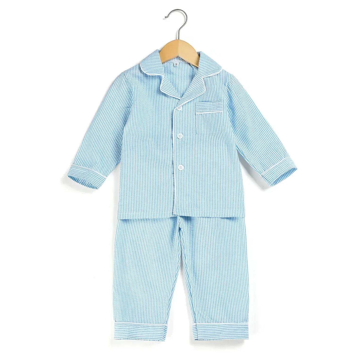 Color: Blue, Ships From: CHINA, Kid Size: 4T - Ruffkids 100% Cotton Summer Kids Pajamas Sleepwear Seersucker Striped Matching Pjs Boys Clothes Loungewear Girls Pyjamas Set