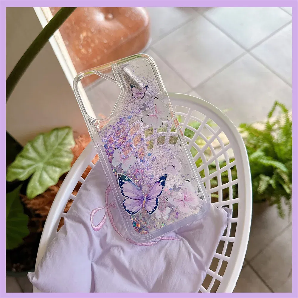 Color: Pink, Material: Denim - Luminous Quicksand Glitter Butterfly Case for iPhone 16 15 14 Pro Max Plus 13 12 Mini 11 X Xs XR Soft Silicone Bling Shiny Cover