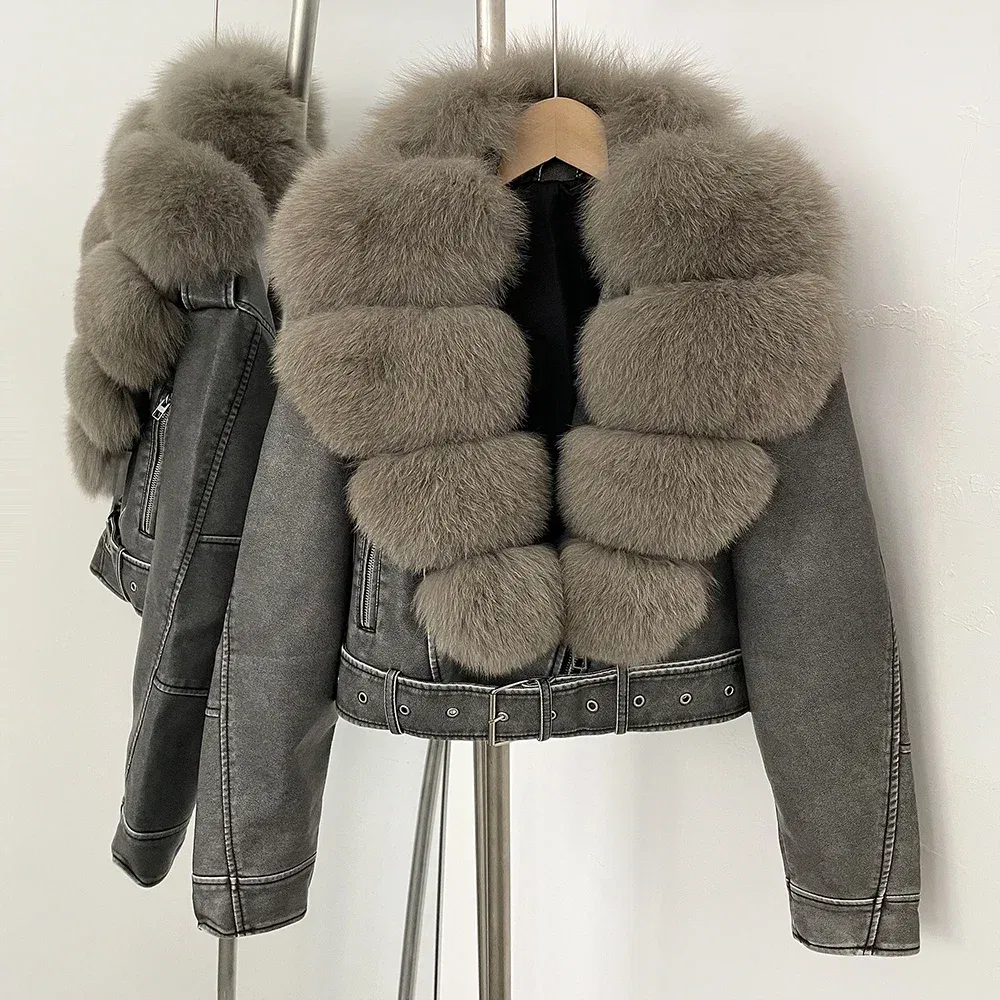 Color: Lavender, Size: L - Fake Leather Coat New Natural Fox Fur Autumn Short Faux Leather Jacket Female Spring PU Women Long Sleeve Real Fur Coat Thin