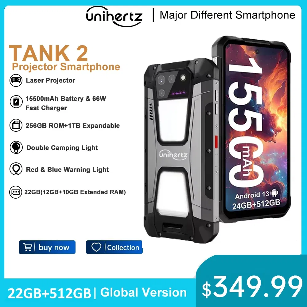 Color: black, Ships From: CHINA, Bundle: Official Standard, ROM: 512G - Unihertz TANK 2 Projector phone 22GB 256/512GB 32MP 108MP 64MP Night Vision Double Camping Light 15500mAh G99 Support TF SD NFC