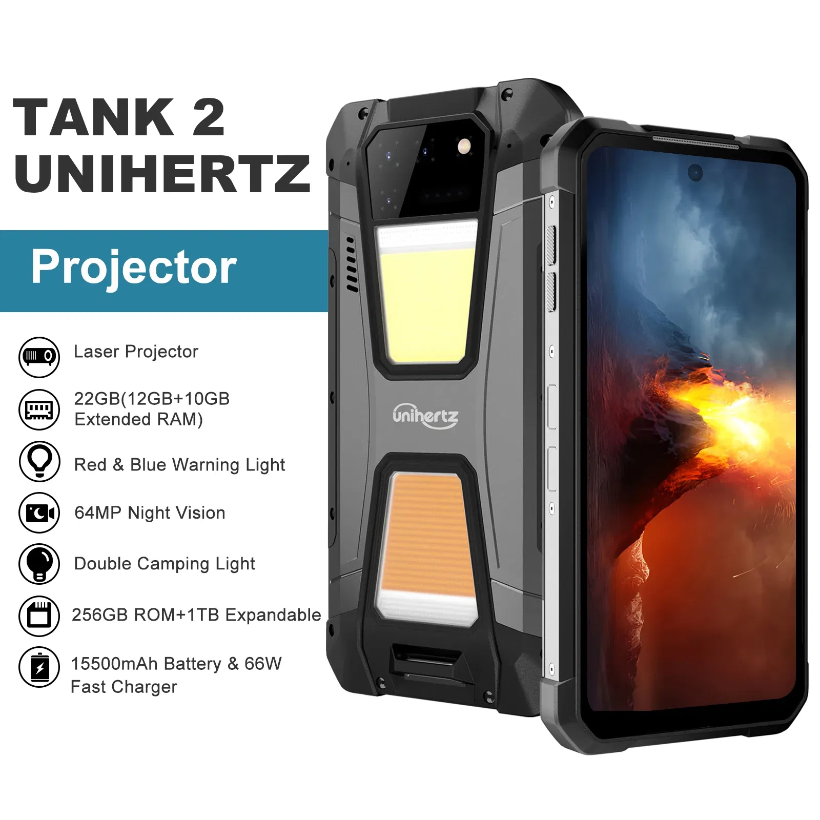 Color: black, Ships From: CHINA, Bundle: Official Standard, ROM: 512G - Unihertz TANK 2 Projector phone 22GB 256/512GB 32MP 108MP 64MP Night Vision Double Camping Light 15500mAh G99 Support TF SD NFC
