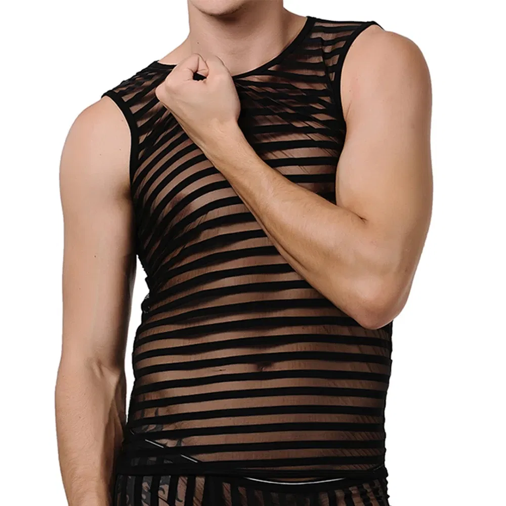 Color: black, Size: XXL - Striped Transparent Tank Top Black Sexy Mesh Tops Men Clothing Gym Quick Dry Vests Fashion Casual Summer Sleeveless Solid Top