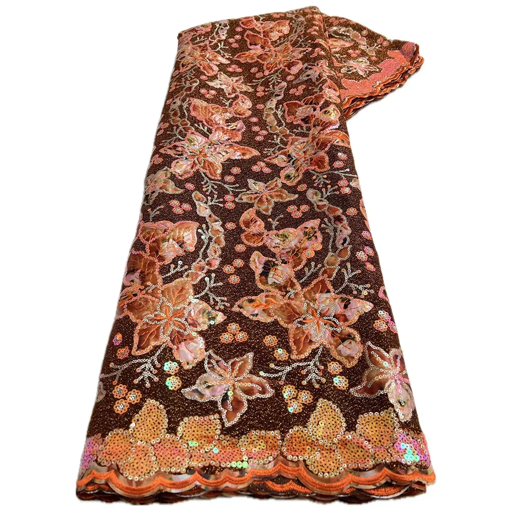Color: Apricot, Length: 5 yards, Width: 120cm - 2025 African Nigerian Tulle Lace Fabric Sequins Sewing Guipure Beads Stone Embroidery Dresses High Quality 4 Yards