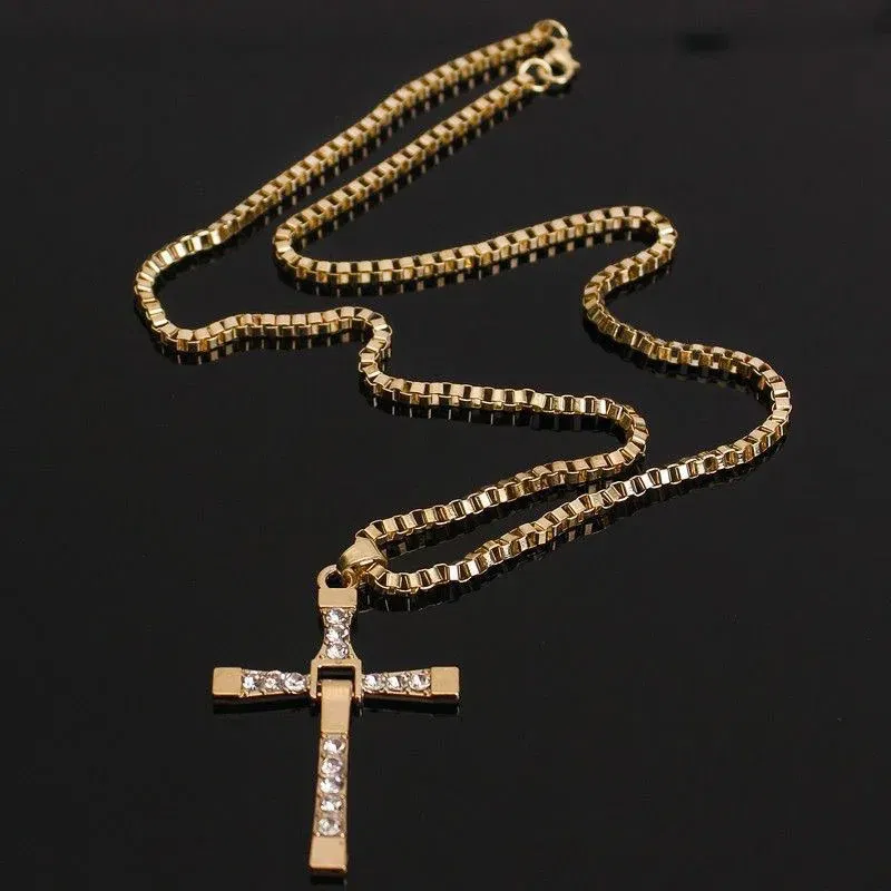 Metal Color: Light Yellow Gold Color, Ships From: CN - Dominic Toretto The Fast and The Furious Celebrity Vin Diesel Item Crystal Jesus Men Cross Pendant Necklace Gift Jewelry