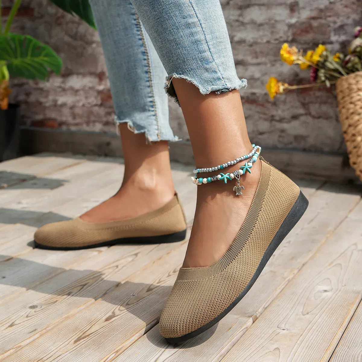 Color: Khaki, Shoe Size: 41 - Elastic Knitting Flats Slip on Shoes for Women 2024 Summer Breathable Soft Loafers Woman Lightweight Casual Shoes Mom Moccasins