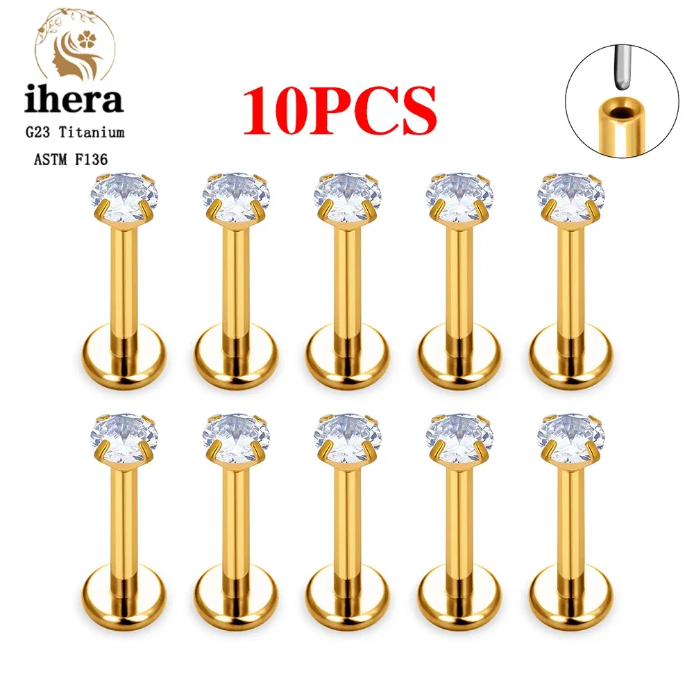Metal color: Light Yellow Color, Ships From: CHINA, Main Stone Color: ROYAL BLUE - 10PCS G23 Titanium Lip Ring Labret Piercing Stud Earring CZ 16/18/20G Push Pin Ear Tragus Cartilage Helix Conch Pierc? Jewelry