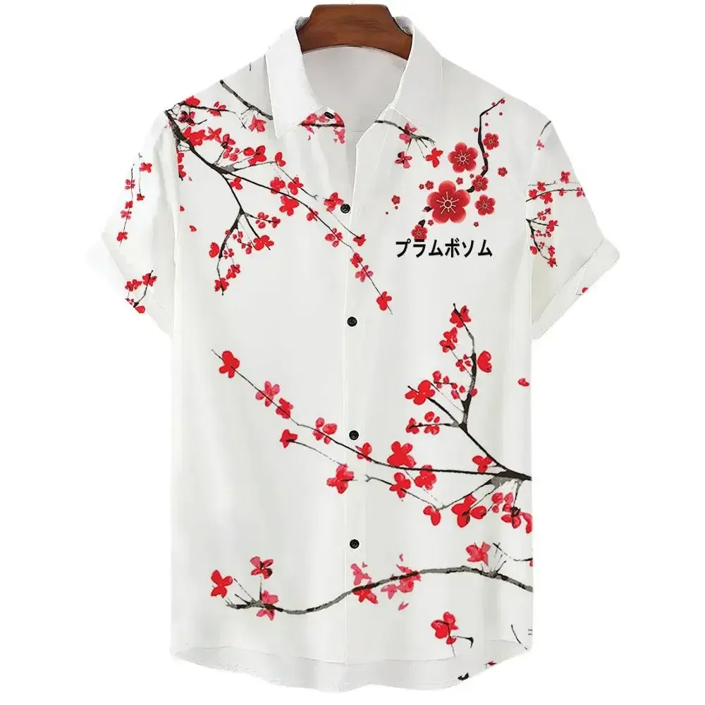 Color: GRAY, Size: XL - Fashionable Luxury Social men's Shirt Lapel button-down Shirt Casual Japanese Aesthetic Cherry Blossom Print short-sleeved Tops