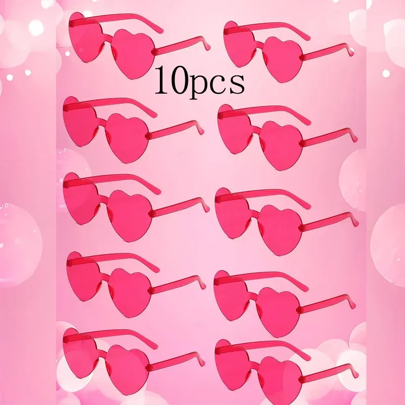 Lenses Color: Red - 10PC Heart Sunglasses Love Sunglasses Jelly Color Frameless Heart-shaped One-piece Glasses Dazzling Color Glasses