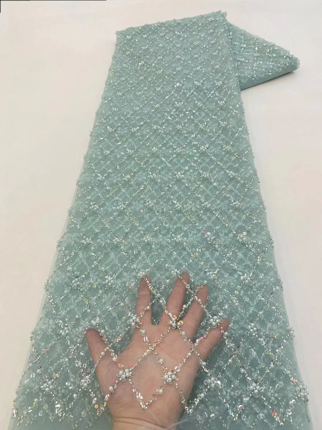 Color: green, length: 5 yards, Width: 120cm - African Lace Fabric 2024 French Beaded Lace Fabric Nigerian Sequins Embroidery Net Lace Fabrics For Bridal Party Dresses