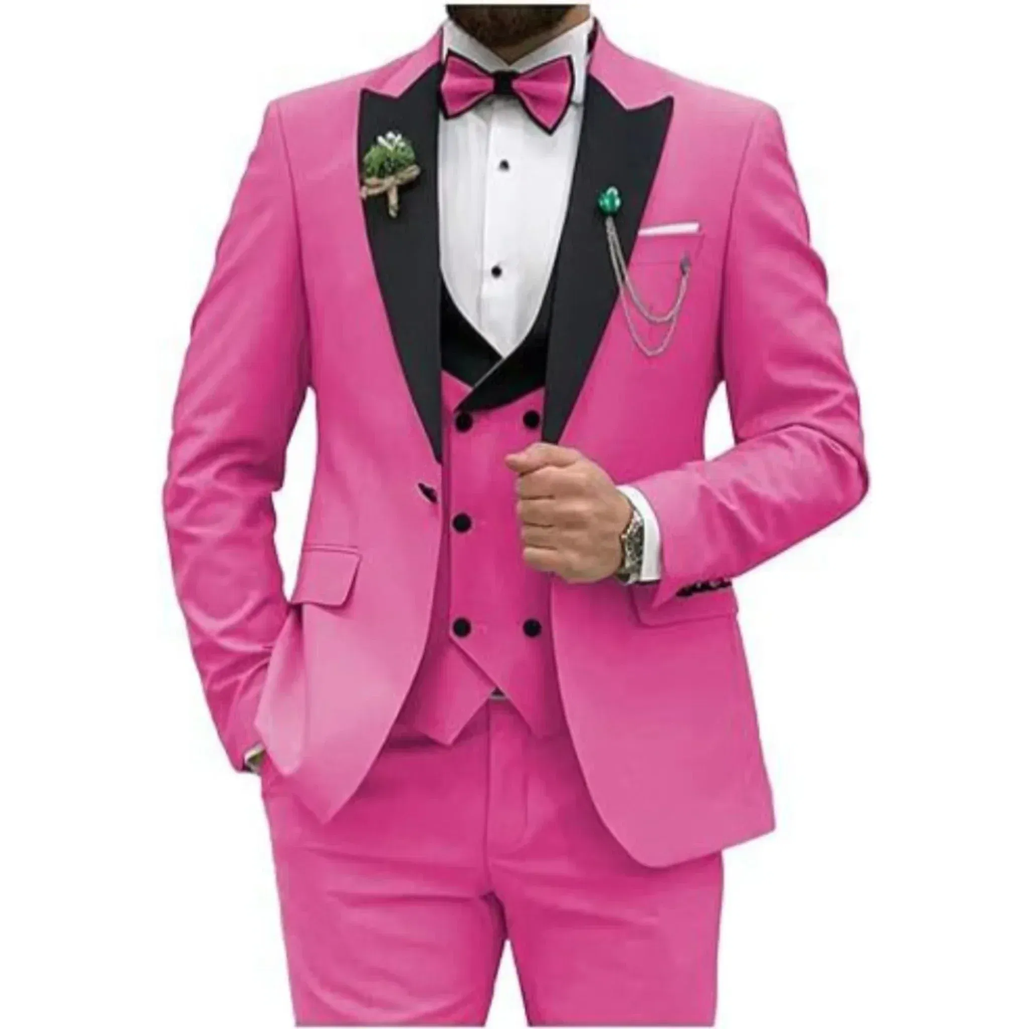 Color: Fuchsia, Size: XXL - Men Suit Colorful Luxury Blazer Vest And Pant Sets 3 Piece Birthday Dress Business  Prom Evening Party Costumes High Quality