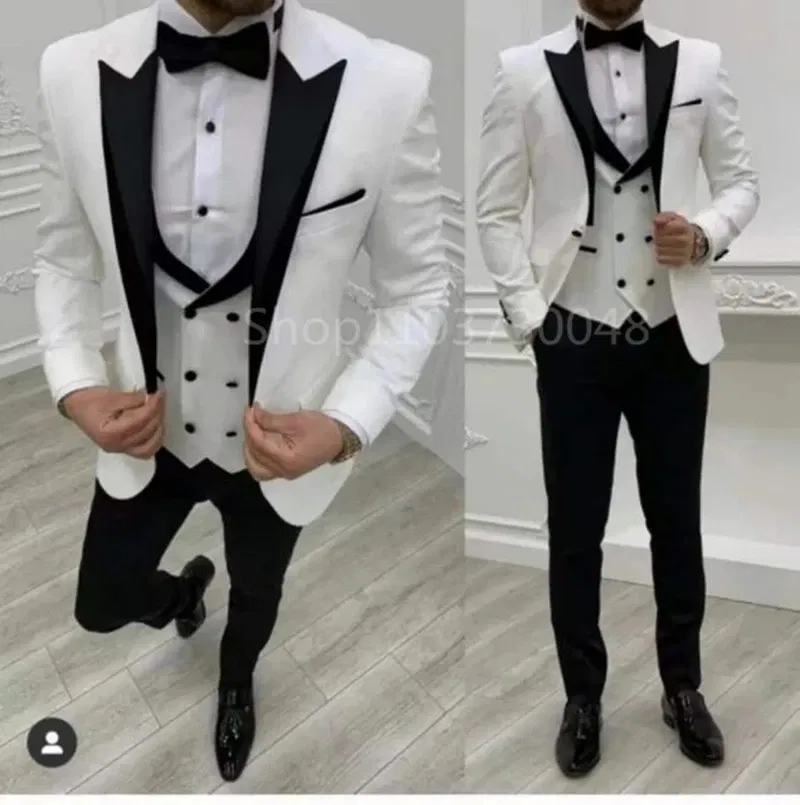 Color: Gold, Size: XXXL - White Men Business Suits Wedding Suit Peak Lapel One Button Blazer Groom Tuxedos 3 Pcs Set Dress Jacket Vest Trousers