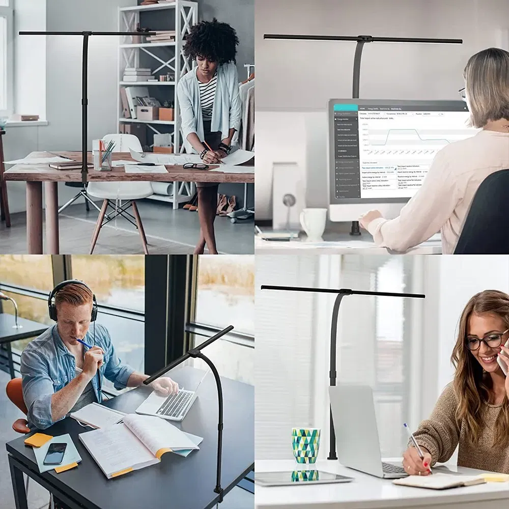 Body Color: Beige, Color: WHITE - Double Head LED Clip Remote Control Desk Lamp Architect Table Lamp for Home Office Lighting 5 Color Modes and 5 Dimmable