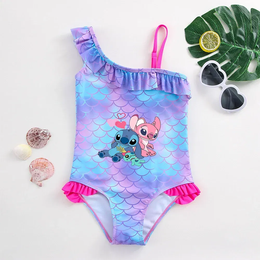 Color: green, Size: M - Stitch Girls Swimsuit Fashion Mermaid Fish Scale One-Piece Bathing Suits Children's Dresses Summer Swimwear Beach Suit Kids Wear