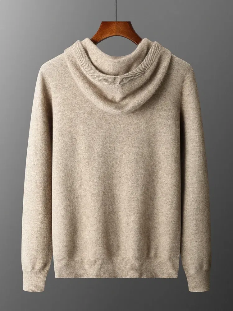 Color: Brown, Size: XL - MEETCC Luxury Men Cashmere Hooded Pullover Thick Warm Hoodie Sweater Autumn Winter 100% Cashmere Knitwear Quality Jumpers Tops