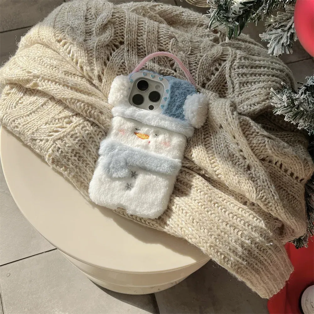 Color: Beige, Material: PE - Cute Cartoon Furry Snowman Case for iPhone 16 15 14 Pro Max 12 13 11 16Pro Plush Winter Warm Love Heart Soft Shockproof Cover