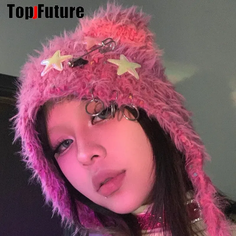 Color: green - Y2K girl Harajuku Gothic Lolita cat Ear Hat Women Punk Designer Winter Beanie Hat Gothic lolita  streetwear StarAccessories Cap