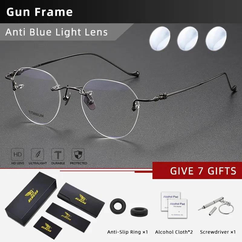 Frame Color: Yellow, Eye Prescription: 0 - BLMUSA Pure Titanium Rimless Anti-blue Light Reading Glasses for Men Round Photochromic Optical Prescription with MR-8 lens