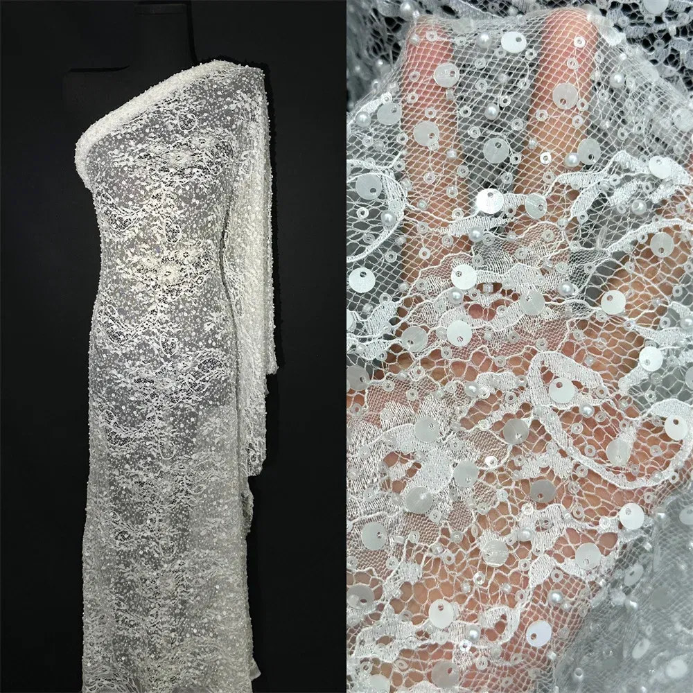 Color: Light Grey, Width: 120cm, Length: 5 yards - Luxury French Mesh Beads Lace Fabric 2025 High Quality African Sequins Mesh Lace Fabrics For Nigerian Women Wedding Dress Sewing