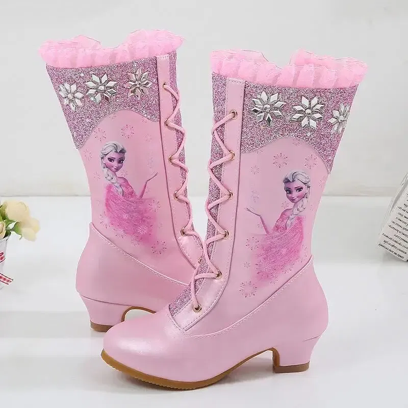 Color: Pink, Shoe Size: 17 - Disney Girls' Leather Boots Winter Frozen Boots Side Zipper High Plush Princess Elsa Boots Warm Children's Boots Size 27-37