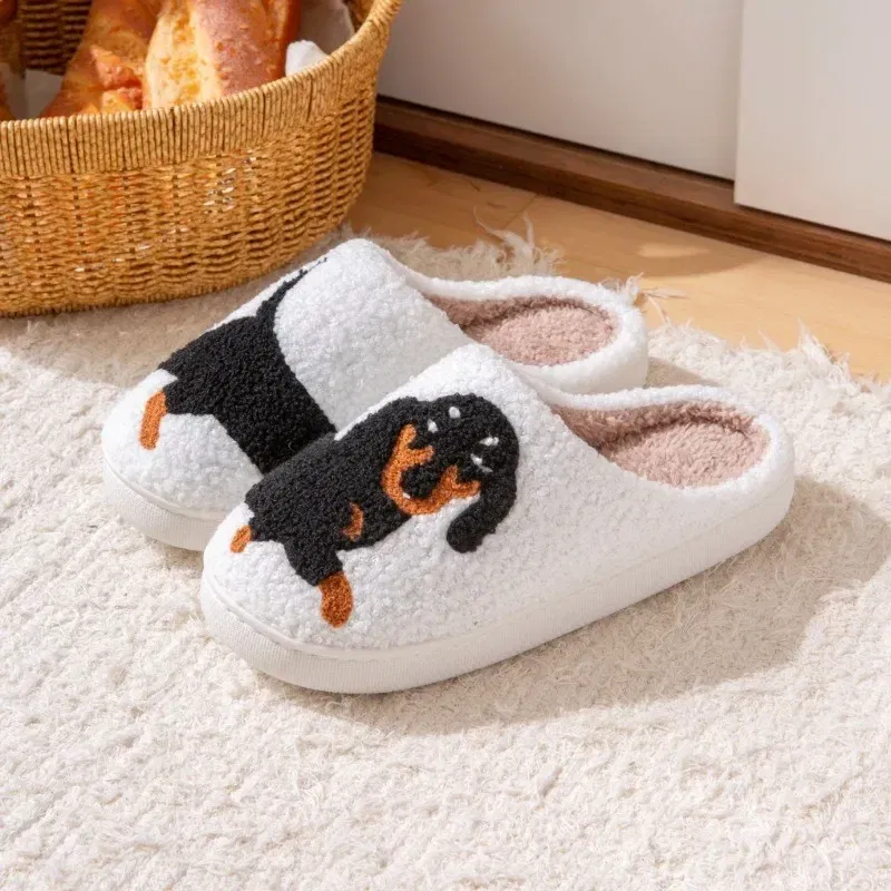 Color: Beige, Shoe Size: 38-39 - Pet Pattern Dachshund Embroidery Stuffed Home Thick Sole Plaid Furry Cotton Slippers Warm Non-slip Indoor Slippers Pet Mom Gift