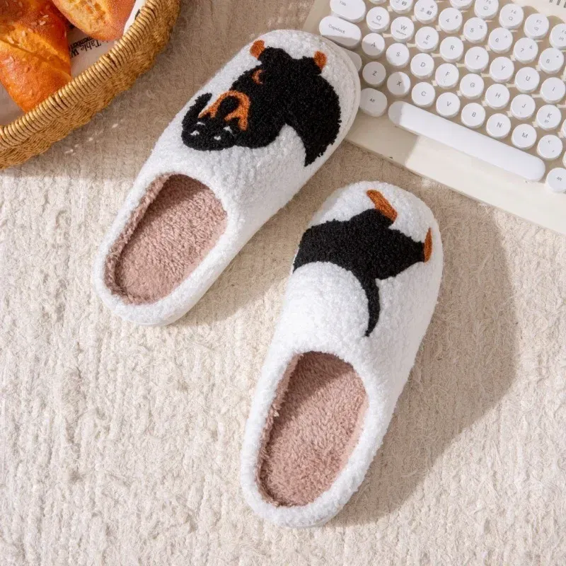 Color: Beige, Shoe Size: 38-39 - Pet Pattern Dachshund Embroidery Stuffed Home Thick Sole Plaid Furry Cotton Slippers Warm Non-slip Indoor Slippers Pet Mom Gift