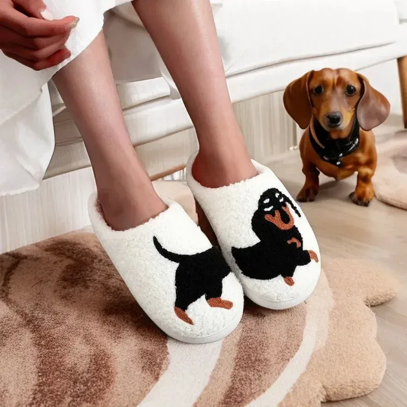 Color: Beige, Shoe Size: 38-39 - Pet Pattern Dachshund Embroidery Stuffed Home Thick Sole Plaid Furry Cotton Slippers Warm Non-slip Indoor Slippers Pet Mom Gift