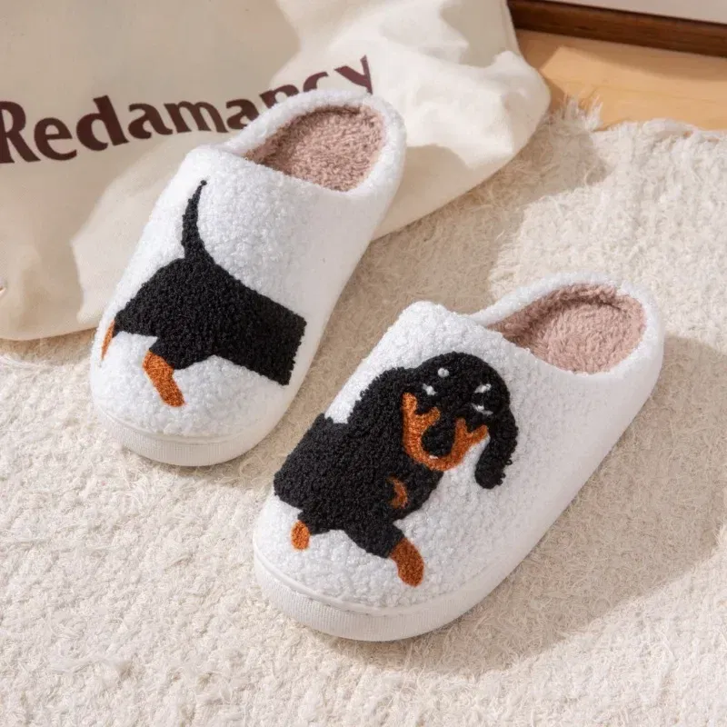 Color: Beige, Shoe Size: 38-39 - Pet Pattern Dachshund Embroidery Stuffed Home Thick Sole Plaid Furry Cotton Slippers Warm Non-slip Indoor Slippers Pet Mom Gift