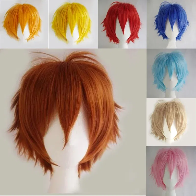 Color: Orange, Ships From: CHINA, Stretched Length: 8inches - S-noilite Synthetic Short Wig Blue Brown Black Women Men Cosplay Costume Party Head Wigs Hair